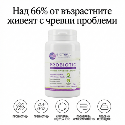 Biotera Probiotic - синбиотична формула (пробиотик + пребиотик) по-малко подуване и усещане за лекота през деня